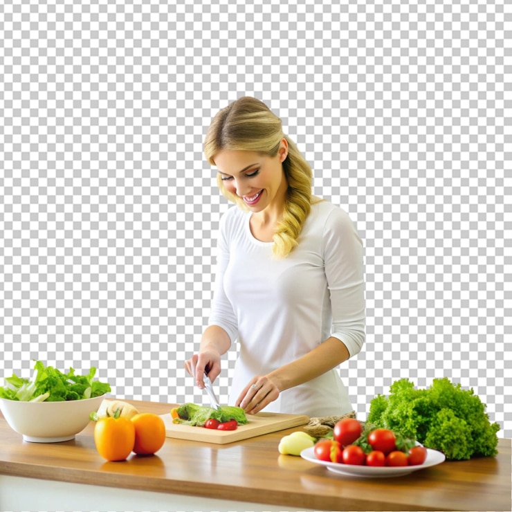 PSD woman preparing healthy food in her kitchen on whey transparent background