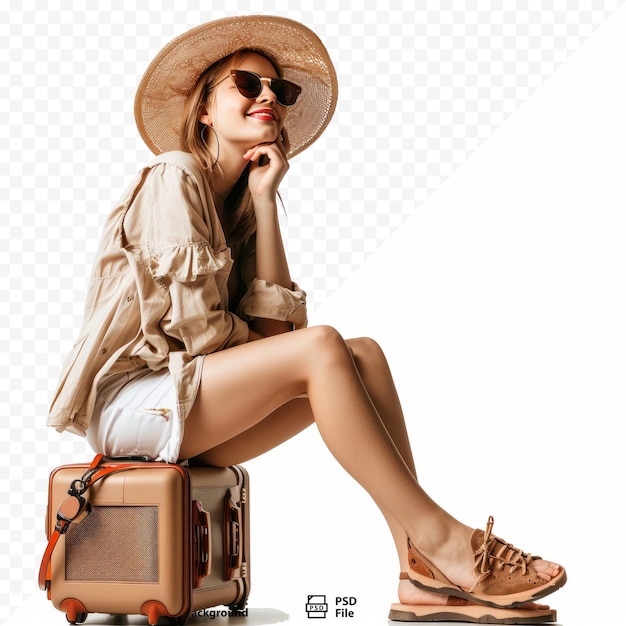 Woman preparing for summer vacation isolated on white