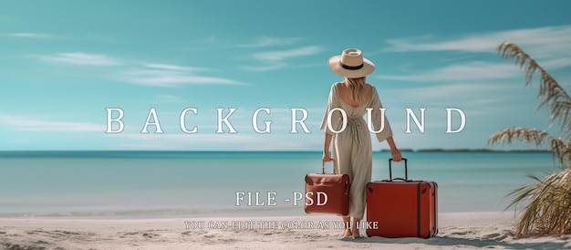 PSD Женщина, тянущая чемодан и носящая шляпу, стоит лицом к прекрасному пляжу.