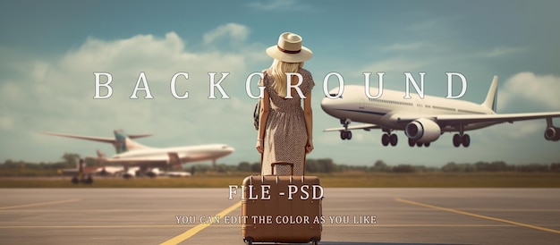 PSD woman pulling a suitcase and wearing a hat standing facing a flying plane