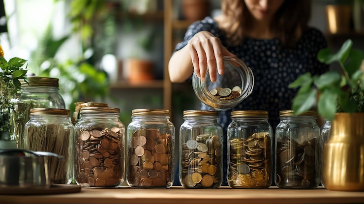 PSD woman putting coins into glass jars