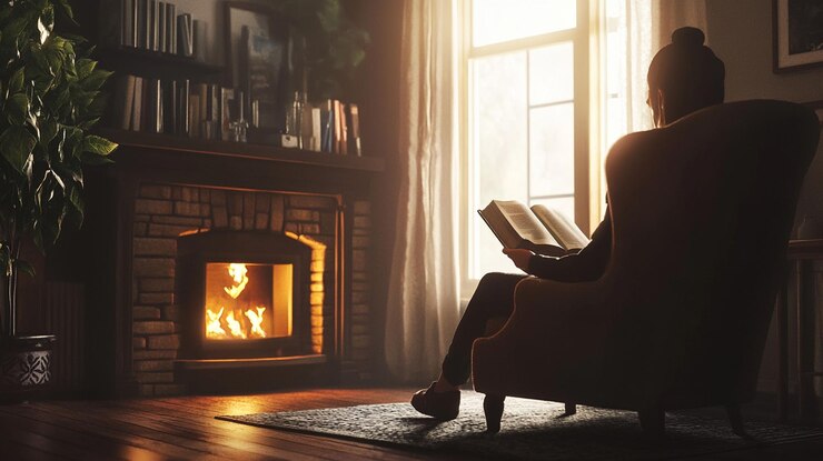 PSD woman reading book by fireplace in cozy room