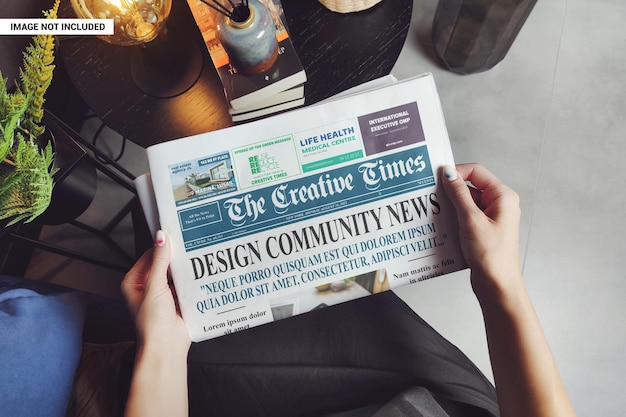 Woman reading business newspaper mockup