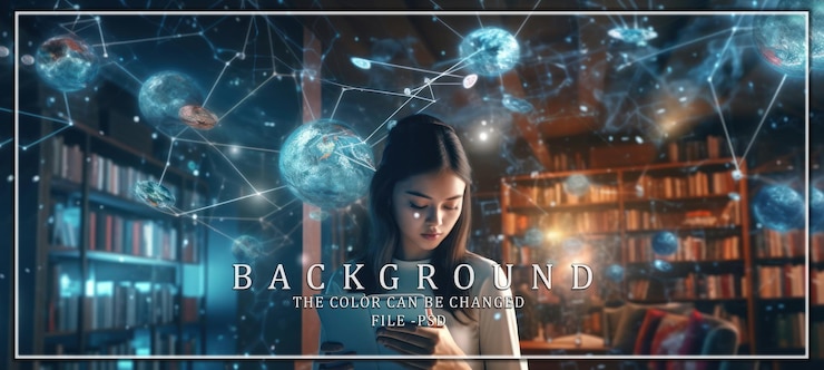 PSD woman reading in a library with holographic projections of planets