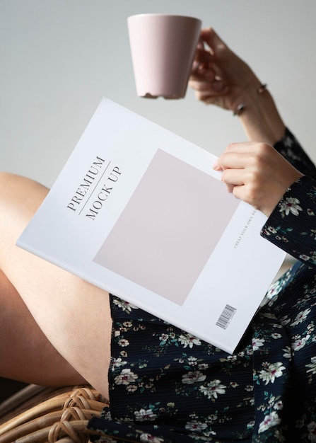 PSD woman reading a magazine mockup with a cup of coffee
