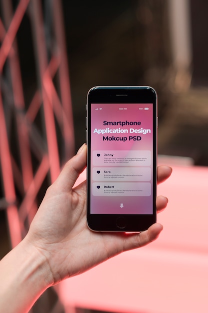 PSD woman reading messages on screen of smartphone