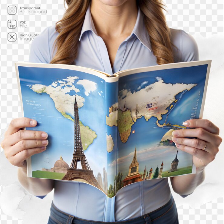 PSD woman reading travel magazine featuring world landmarks
