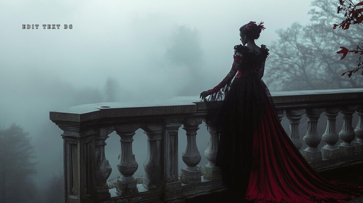 Woman in red and black gown on foggy balcony