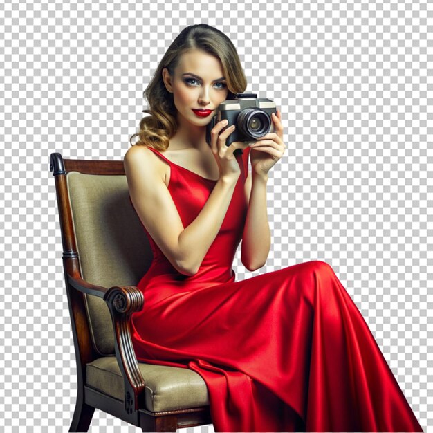 PSD woman in a red dress holding camera