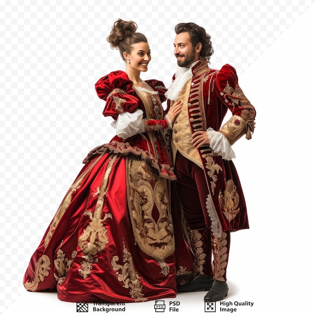 Una donna con un vestito rosso e un uomo con un costume stanno posando