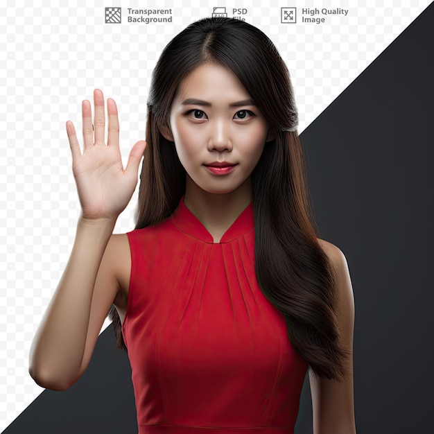 PSD a woman in a red dress with a hand in the air