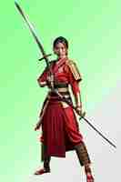 PSD a woman in a red dress with a sword and a sword