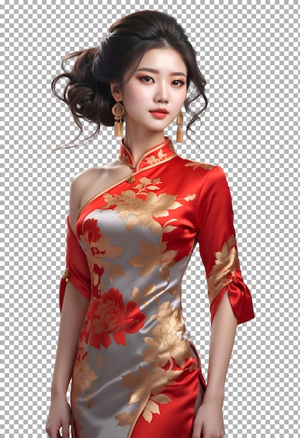 PSD a woman in a red and gold dress with a red flower on the front