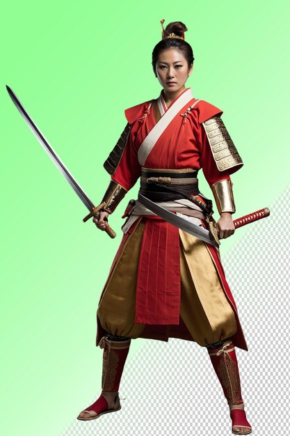 PSD a woman in a red and gold outfit with a sword