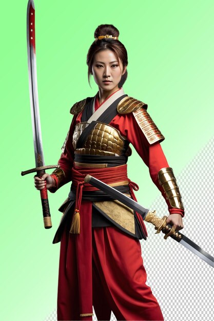 PSD a woman in a red and gold outfit with a sword