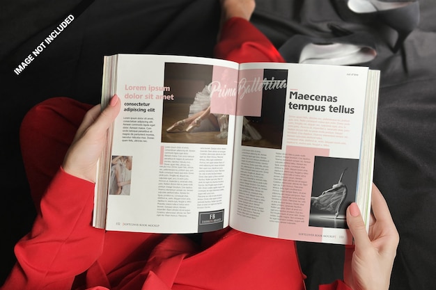 woman in red reading softcover book mockup
