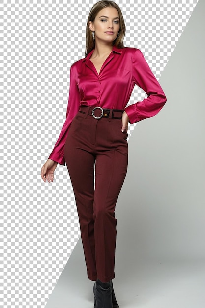 a woman in a red shirt stands in front of a white background