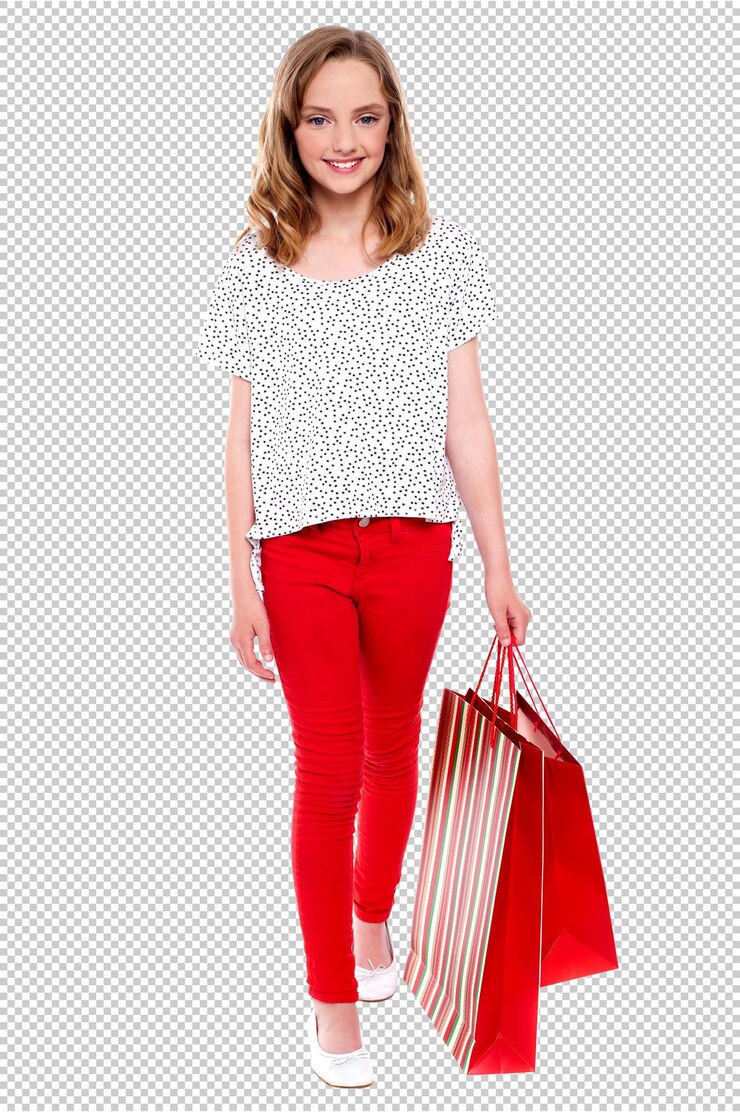 PSD a woman in red with a red bag and a white shirt