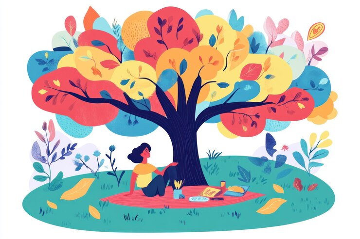 PSD woman relaxing under a colorful autumn tree during a picnic