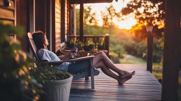 PSD woman relaxing on a porch at sunset