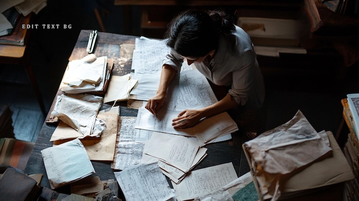 PSD woman researcher meticulously examining old documents on a cluttered wooden desk topdown view
