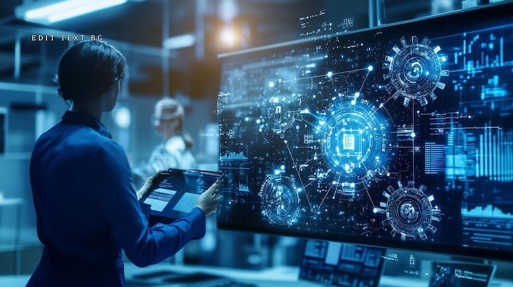 PSD woman reviewing data on a large screen in a tech lab