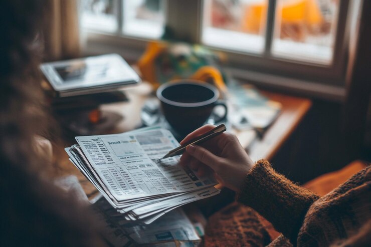 PSD woman reviewing documents by window