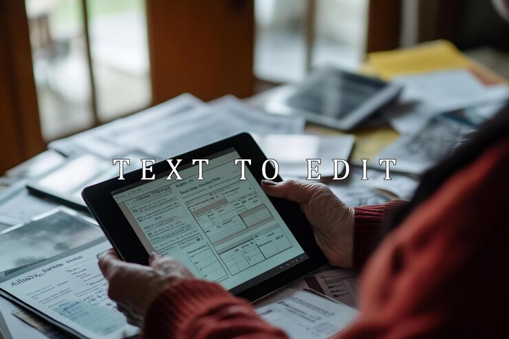 PSD woman reviewing documents on tablet at home office