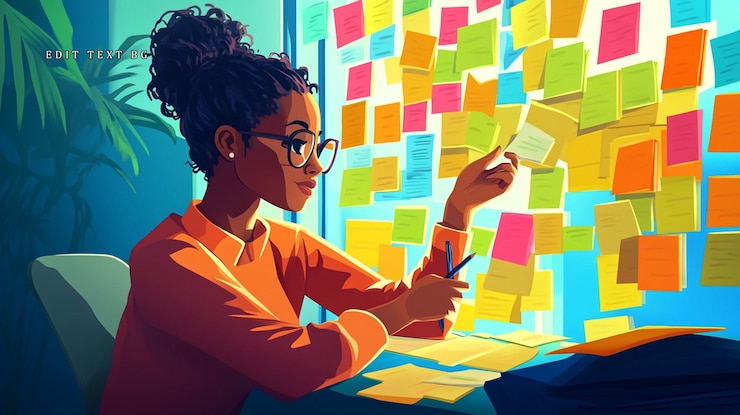 PSD woman reviewing notes on sticky notes on a window
