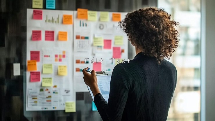 PSD woman reviewing project plan on glass board with sticky notes