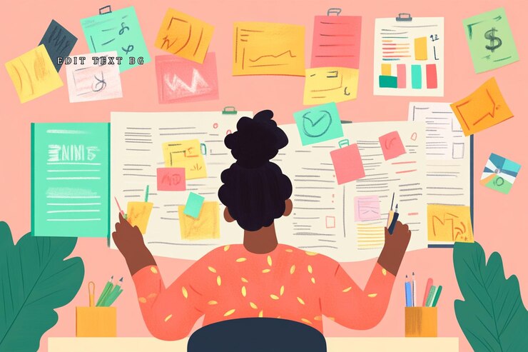 PSD woman reviewing project plan surrounded by sticky notes and documents on wall