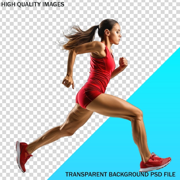 PSD a woman running in a red dress with a blue background