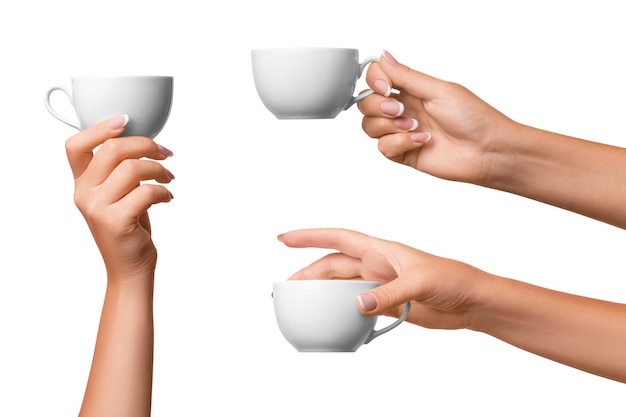 PSD a woman's hand holds a white cup three options on isolated transparent background