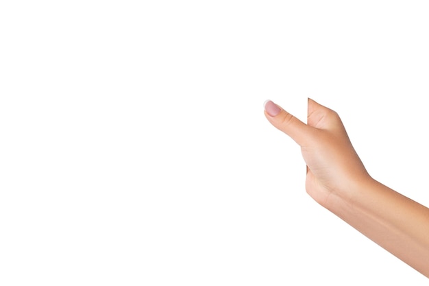 A woman's hand holds a white sheet on isolated transparent background