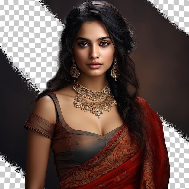 PSD una donna con un sari con uno sfondo nero e la lettera e a destra.