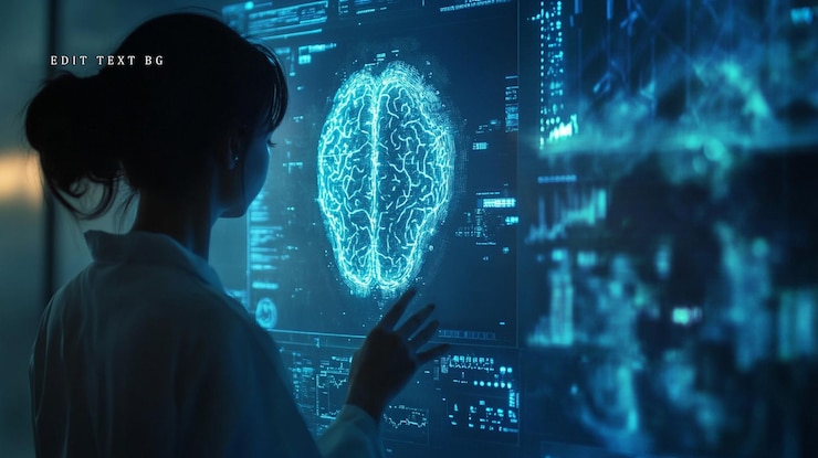 PSD woman scientist studying a digital brain on a futuristic interface