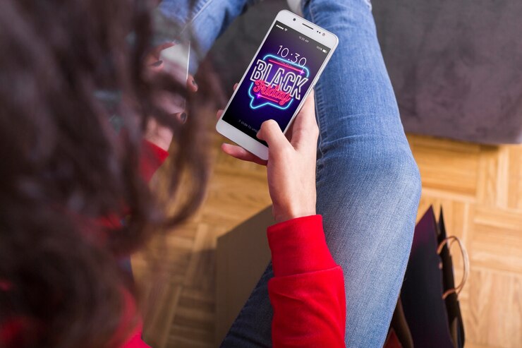 PSD woman searching for black friday on smartphone