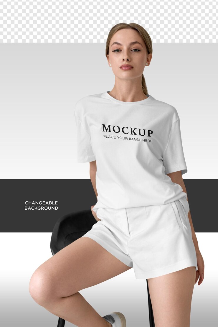 PSD a woman in shorts is sitting and wearing a t shirt mockup with isolated background