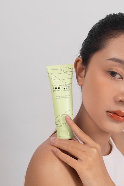 PSD woman showing face cream for skincare and beauty