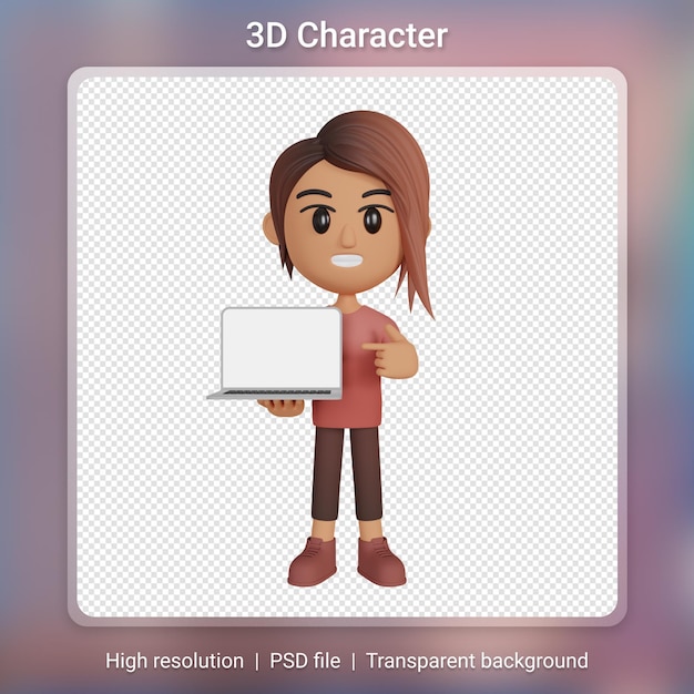 PSD woman showing laptop screen 3d illustration