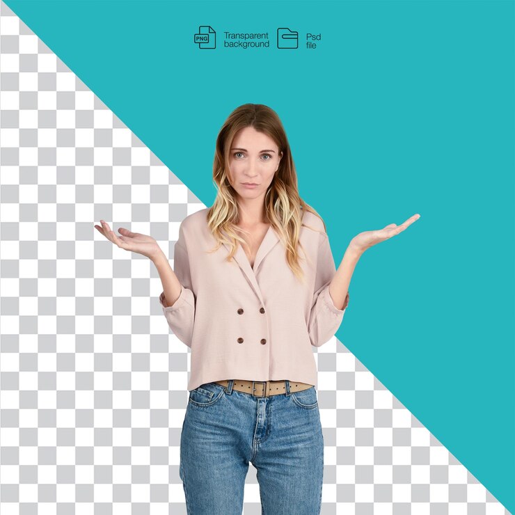 PSD woman shrugging with uncertainty and confusion isolated on transparent