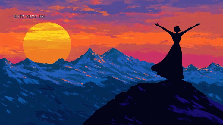 PSD woman silhouette celebrating sunset atop majestic snowcapped mountains