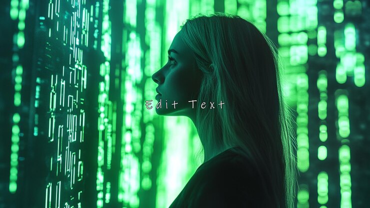PSD woman silhouetted against green digital code
