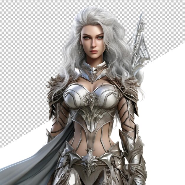 PSD a woman in a silver armor with a sword in her hand