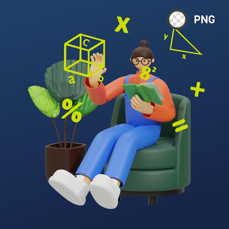 PSD a woman sits in a chair and reads a book with a triangle below her head.