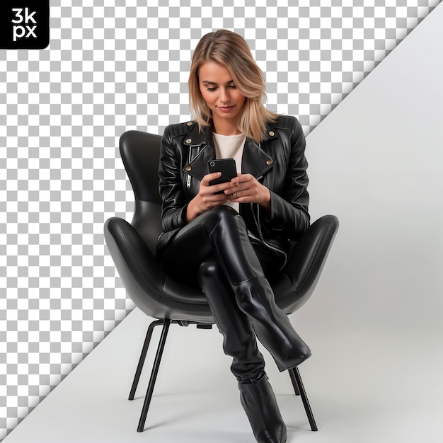 PSD a woman sits in a chair with a black leather jacket on