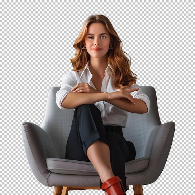 PSD a woman sits in a chair with her arms crossed