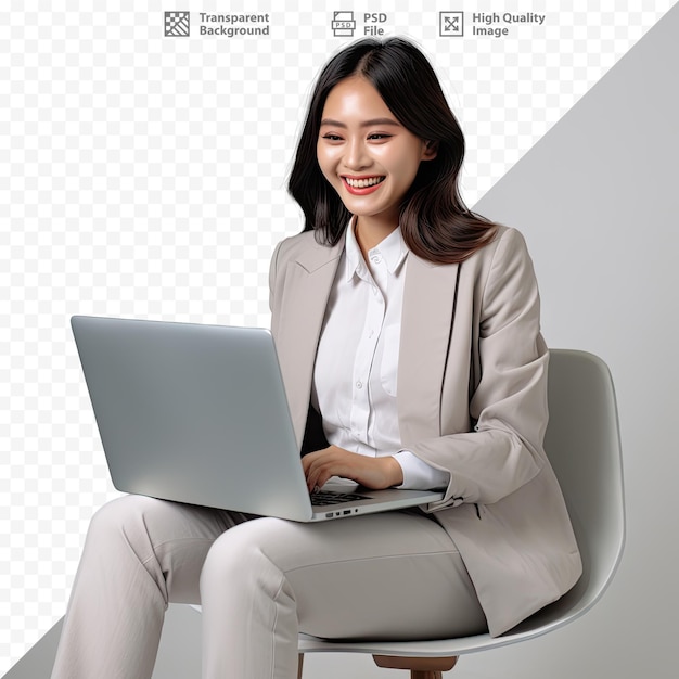 PSD a woman sits in a chair with a laptop in front of it.