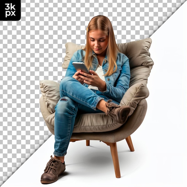 PSD a woman sits in a chair with a phone in her hand