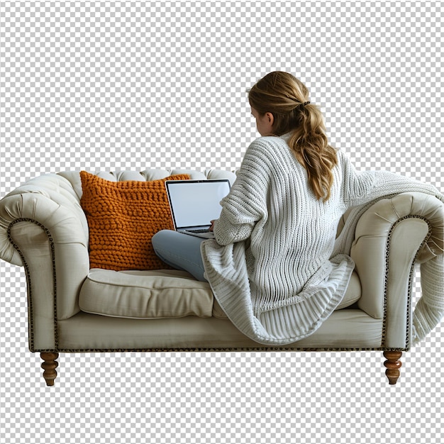 PSD a woman sits on a couch with a laptop on her lap